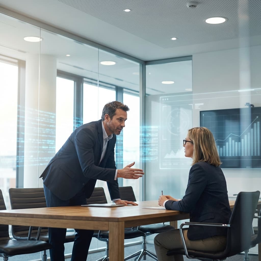 Executive talking to a consultant with AI imagery